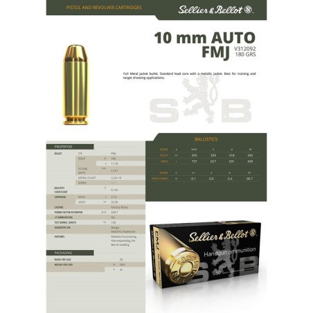50 Munitions Sellier & Bellot - 10mm Auto  - 180 gr FMJ