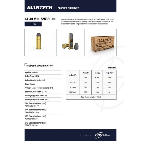 50 Munitions Magtech Cowboy  .44-40 Win | LFN 225 gr