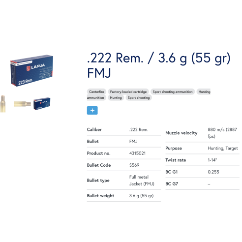 20 Munitions Lapua  .222 Rem. | FMJ 55 gr