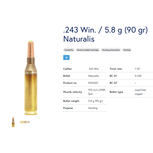 20 Munitions Lapua  .243 Win | Naturalis 90 gr