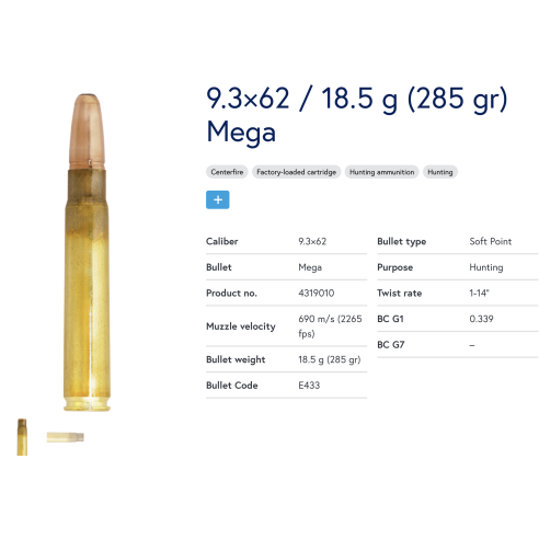 20 Munitions Lapua  9.3x62 | Mega 285 gr