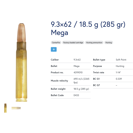 20 Munitions Lapua  9.3x62 | Mega 285 gr