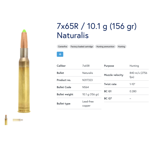 20 Munitions Lapua  7x65 R | Naturalis 156 gr