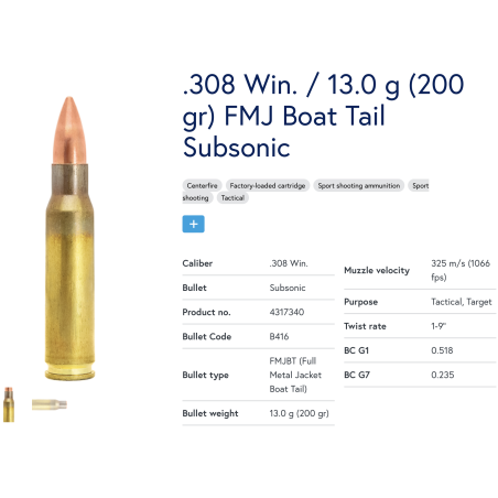 20 Munitions Lapua  308 Win  | FMJ Subsonic 200 gr