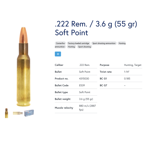 20 Munitions Lapua  .222 Rem. | Soft Point 55 gr